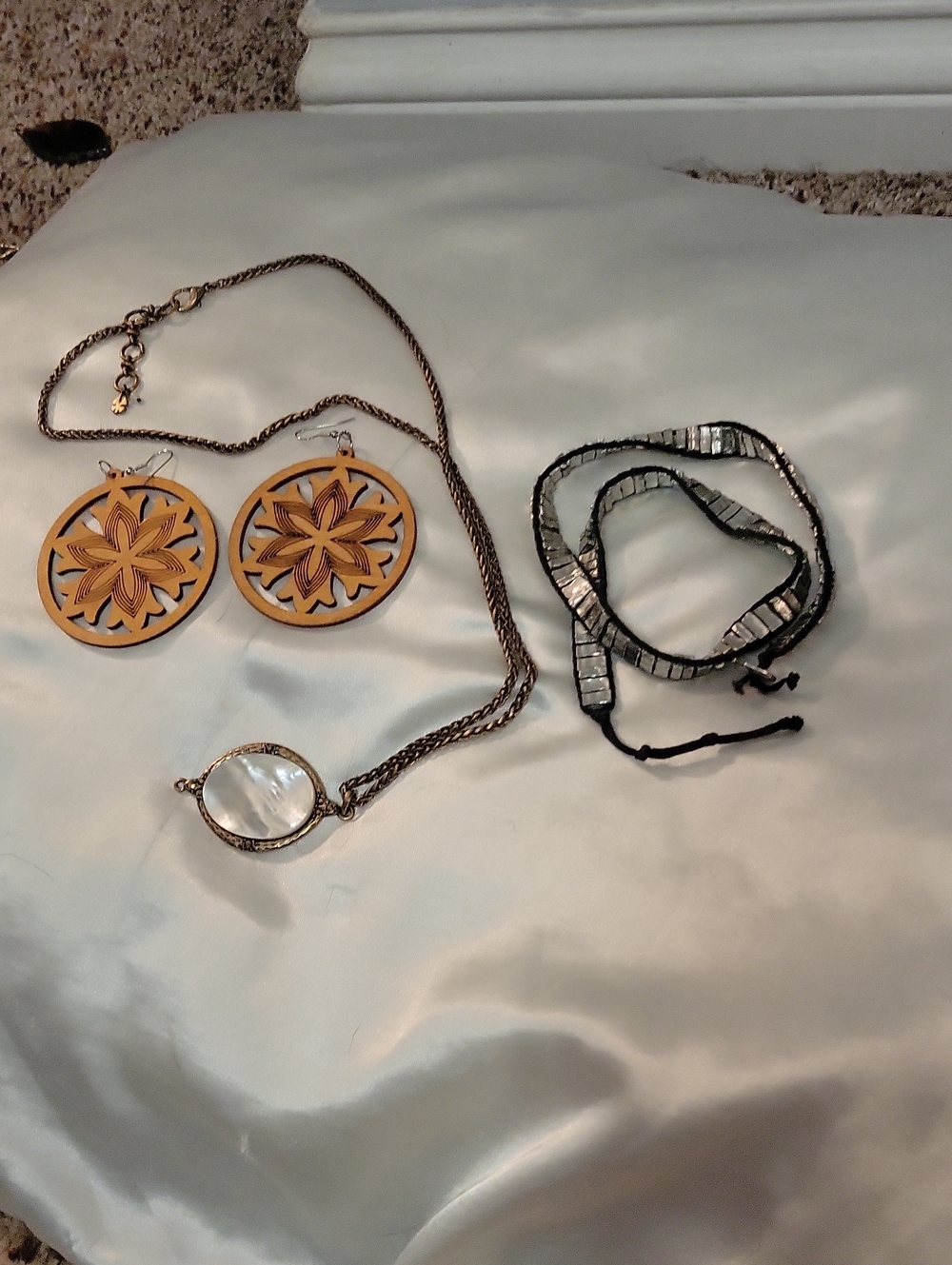 Gold-Tone Mother of Pearl Look Pendant  &  Wood Floral Earrings, Wrap Bracelet